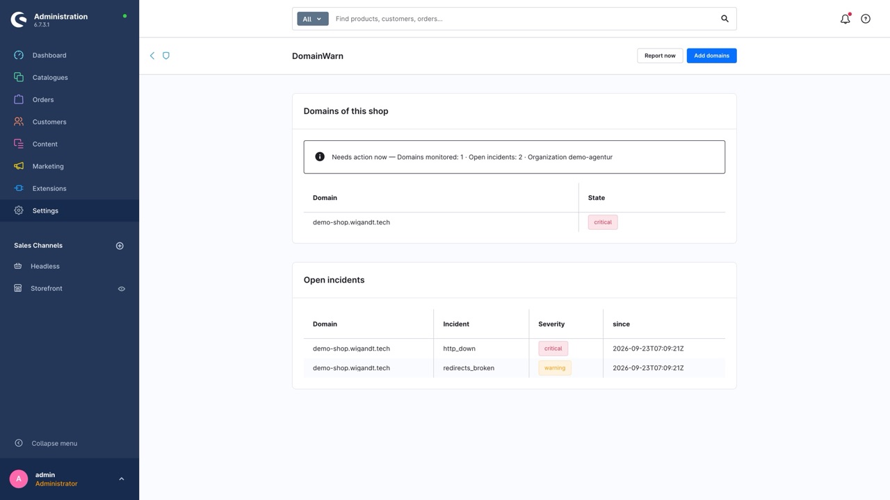 Shopware admin, Settings → DomainWarn: the domain of the shop in state "critical" and two open incidents with severity and start.
