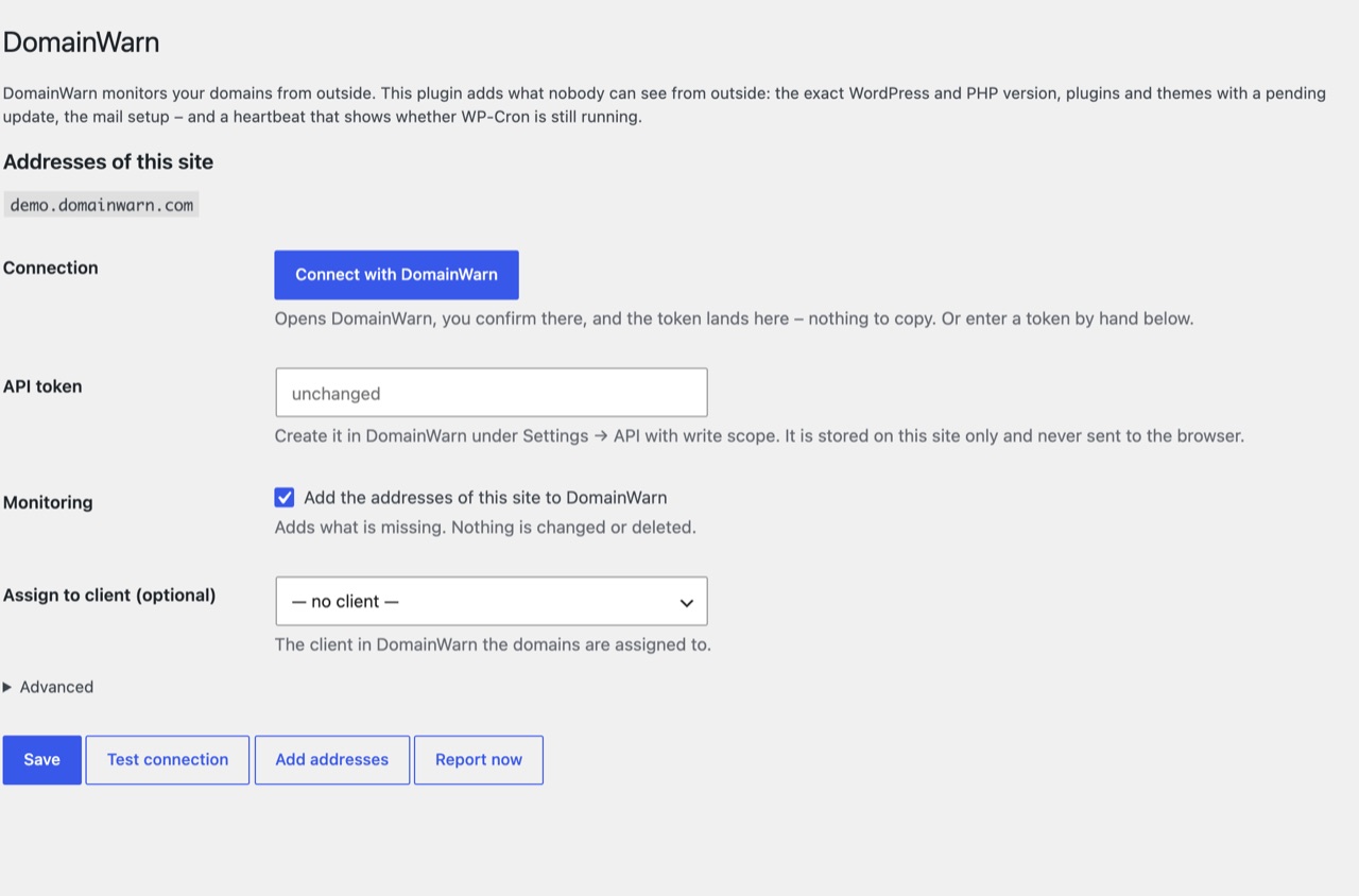 Settings → DomainWarn in WordPress: the addresses of the site, the connect button, the API token field and the client selection.